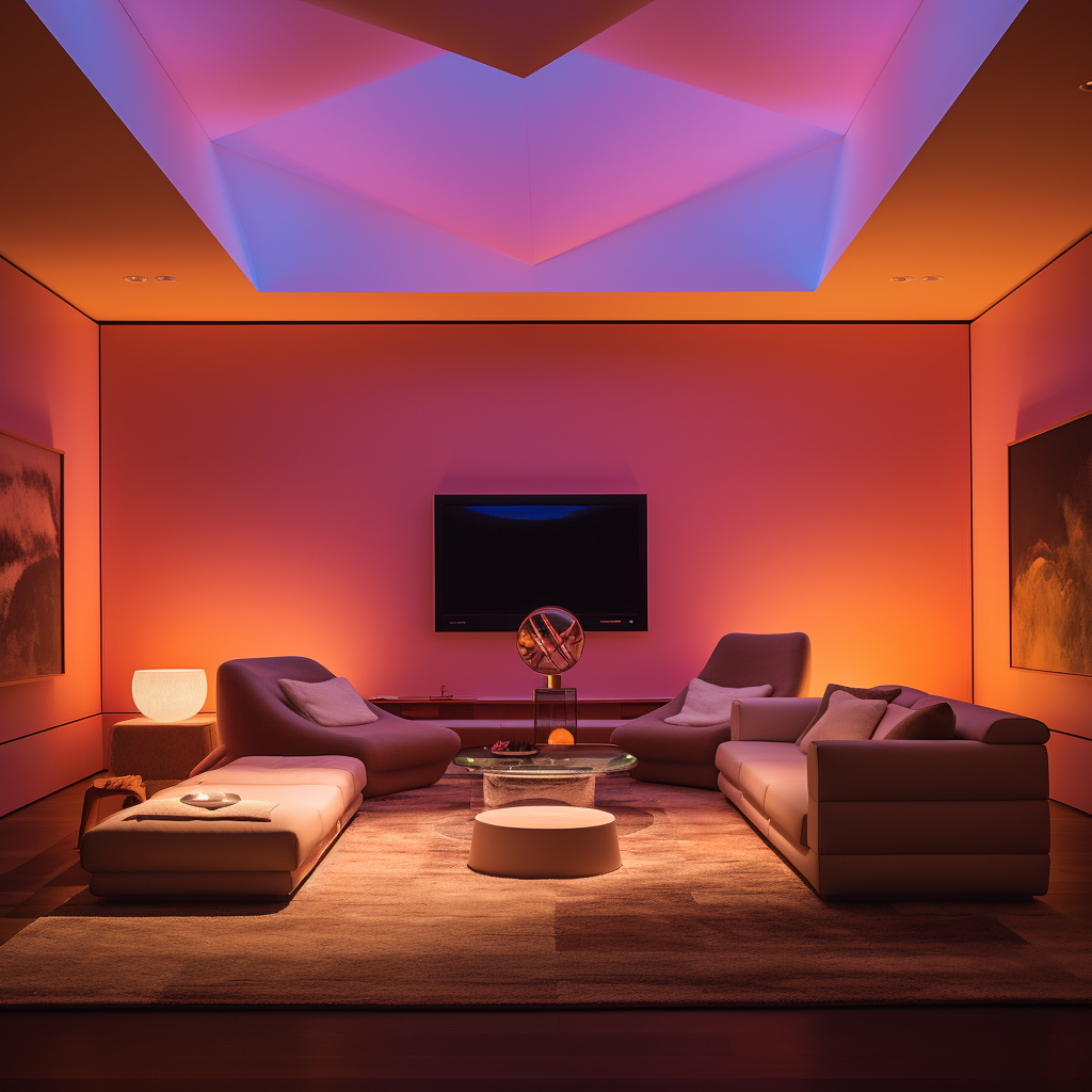 A living room washed in orange lights.