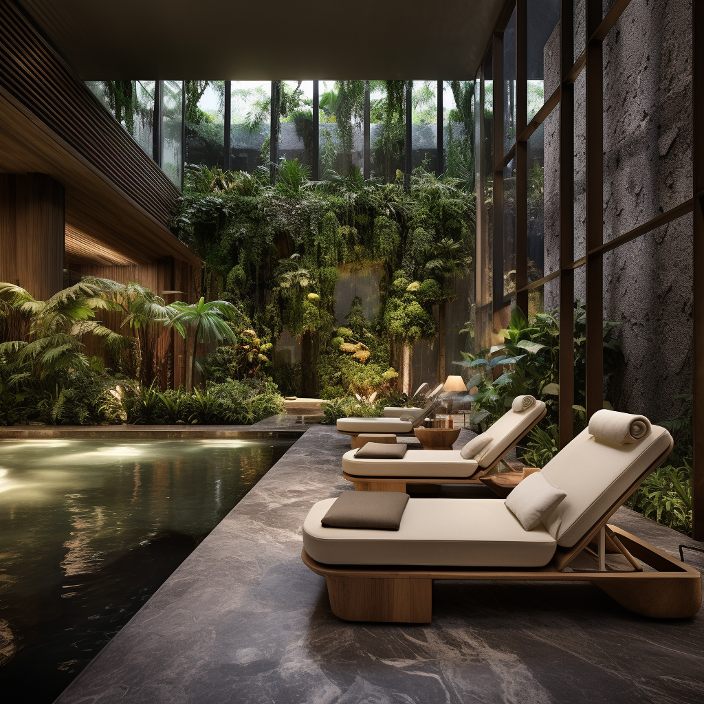 Three lounge chairs sit by the edge of a pool in a room with plants.