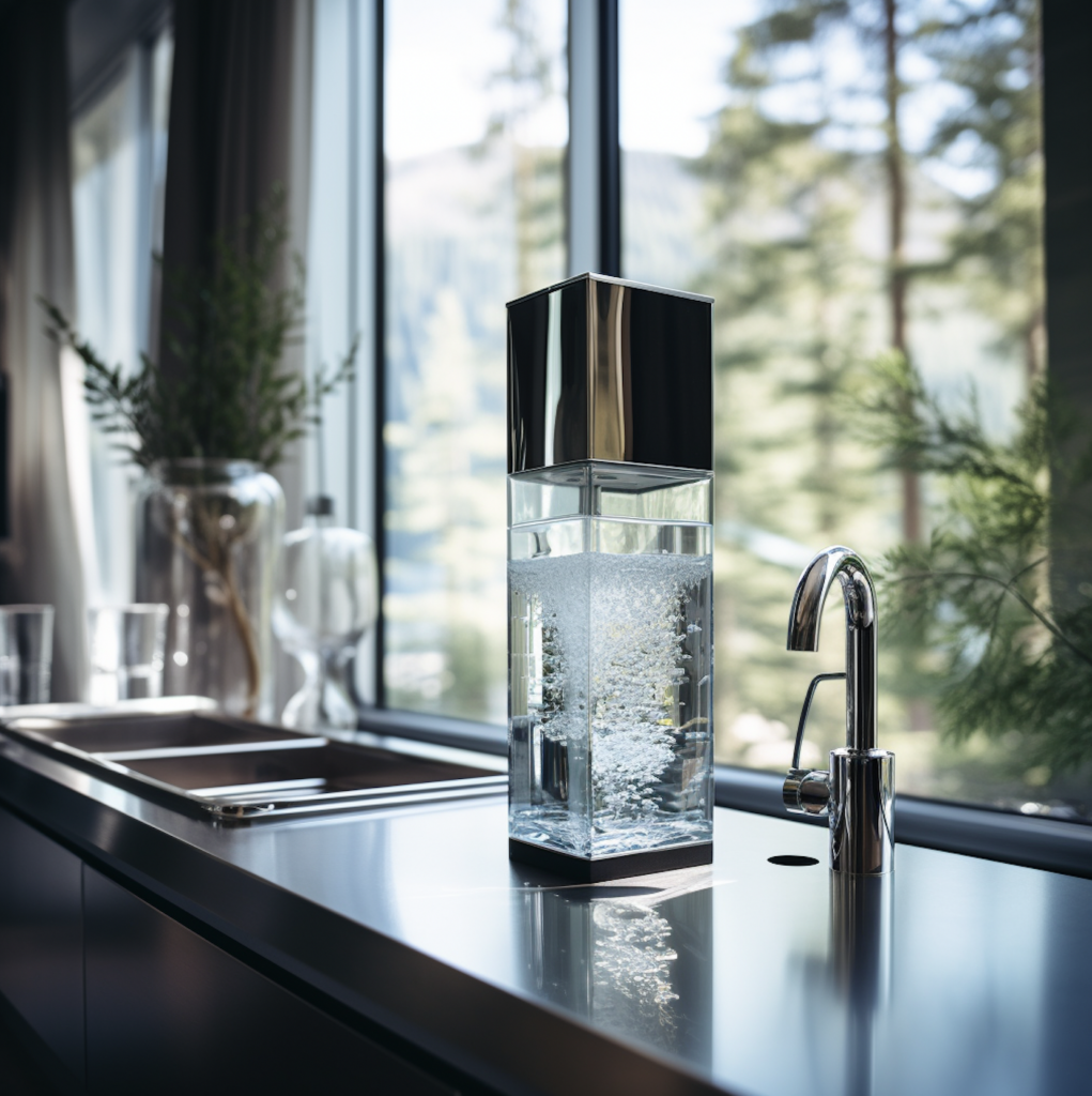 A clear glass of water sits on a counter top next to a silver faucet.