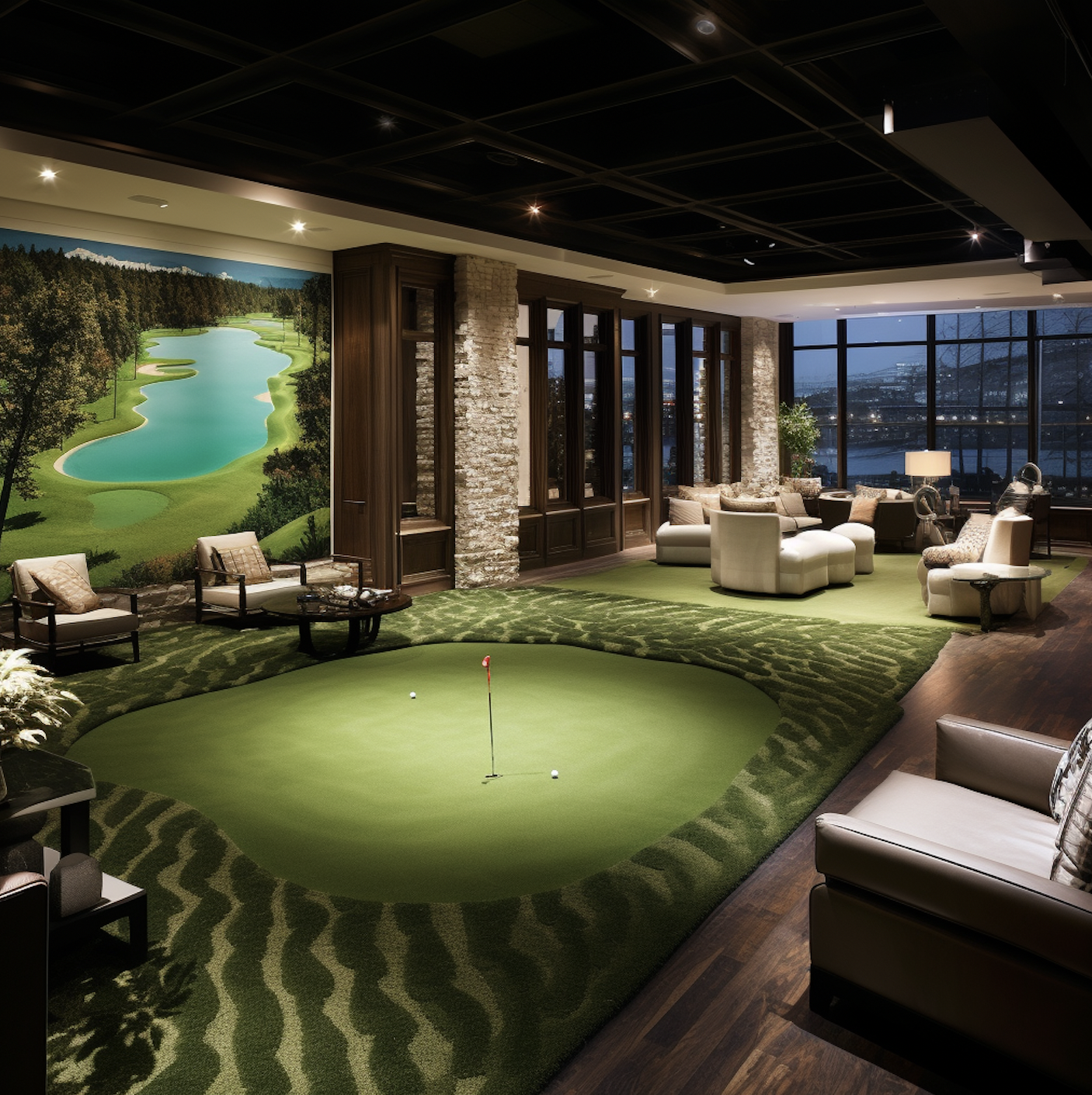 A putting green turf simulator in a large room with lounge chairs.