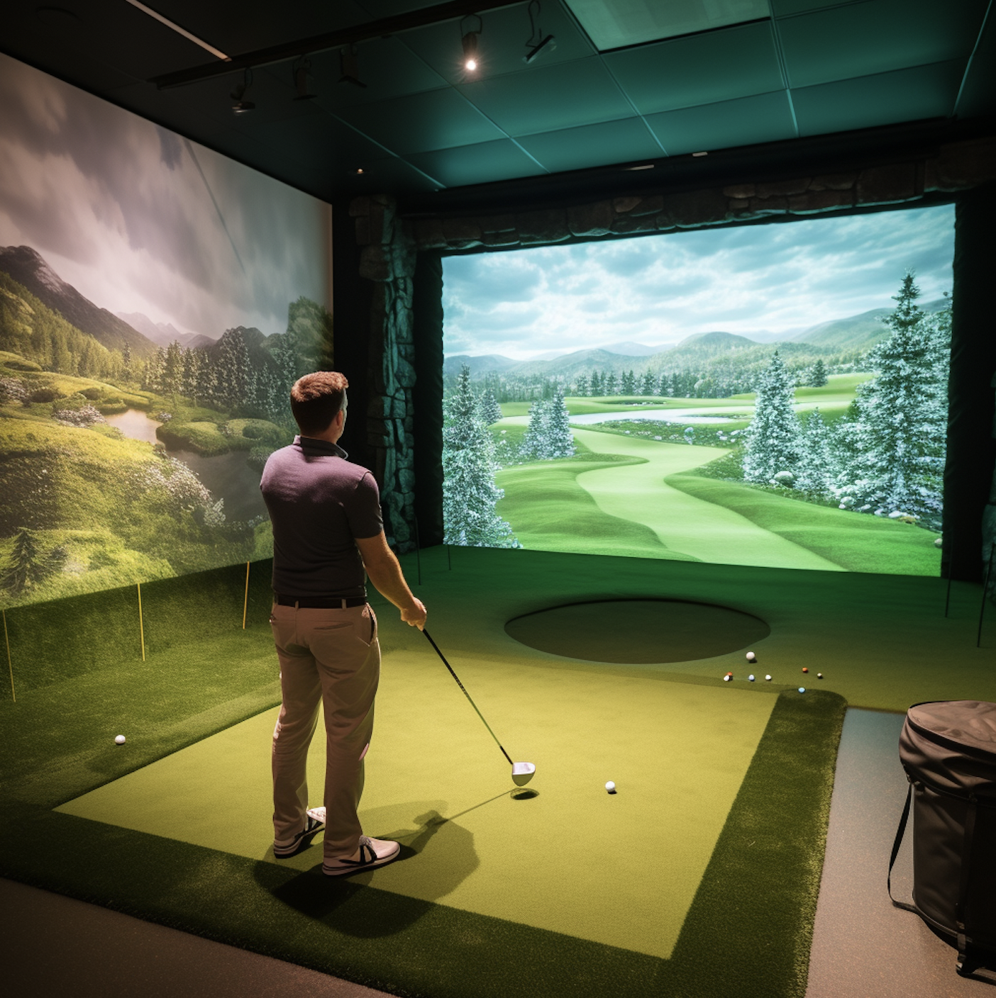 A man holding a golf club stands at the center of a golf simulator room.