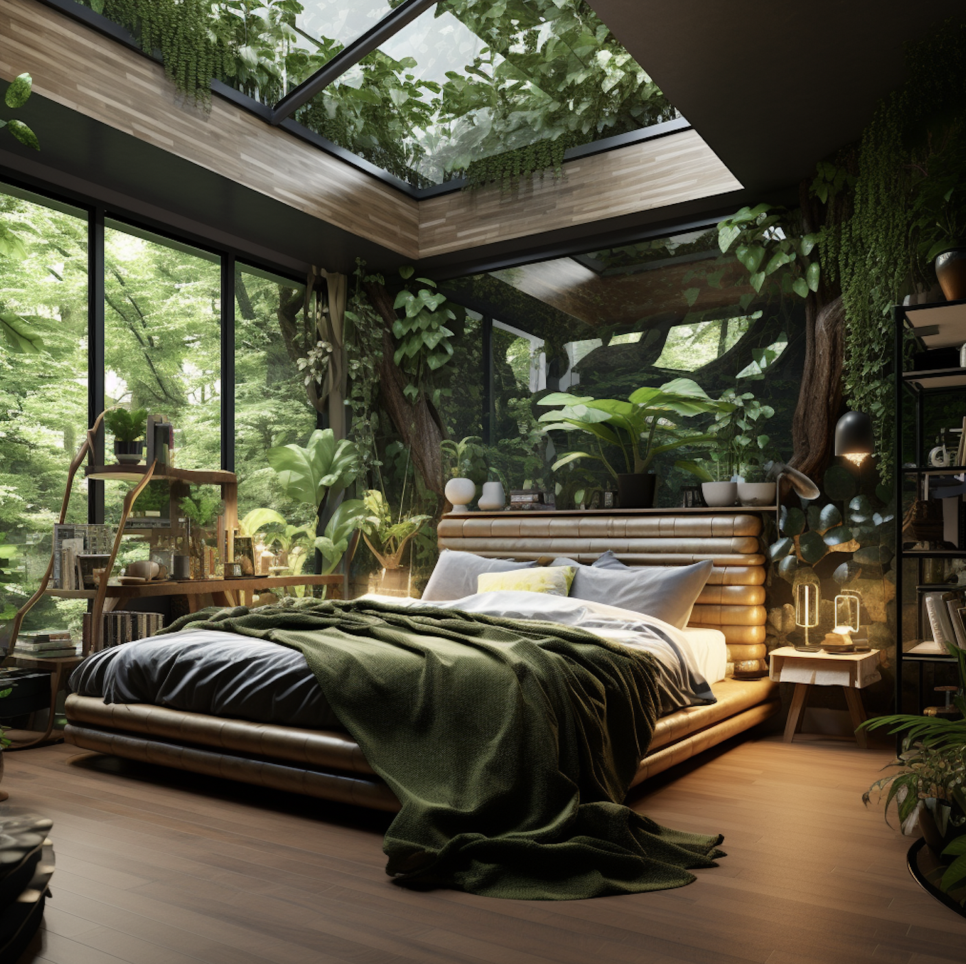 A bedroom with windows for walls and lots of natural elements.