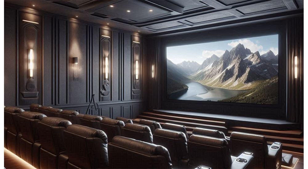 Dark theater room with a video of a mountain landscape.